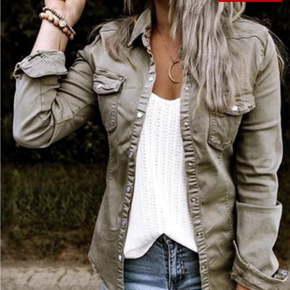 Green shacket, pleated pearl button up small denim like fabric